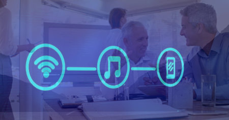 Image of connections with icons and data processing over business people. Global business, finance,...