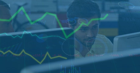 Image of green line, financial data processing and statistics over business people. Global business,...
