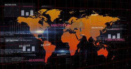 An orange world map on a grid, with data processing occurring in the background. Global finance...