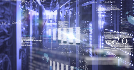Image of mathematical equations, data processing and light spot against computer server room....