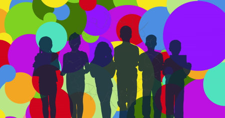 Image of silhouettes of group of kids against colorful spots on pink background. School and education conceptの写真素材