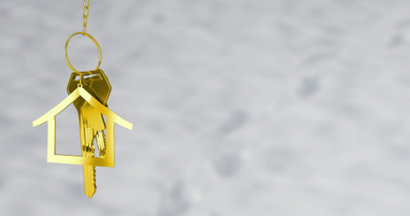 Image of gold key with house keychain on grey background. Abstract background, pattern and movement concept, digitally generated image.の写真素材