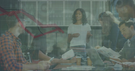 Image of data processing over diverse business people working in office. Global business, finances,...