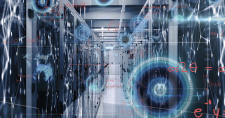 Image of round scanners and data processing against network of connections over server room....