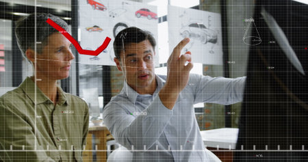 Image of red line and data processing over diverse business people working in office. Global business, finances, computing and data processing concept digitally generated image.の写真素材