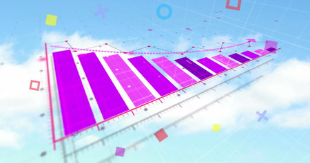 Image of abstract shapes over statistical data processing against clouds in the blue sky. Business...