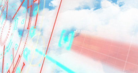 Image of neon round scanner spinning against clouds in the blue sky. Computer interface and cloud...