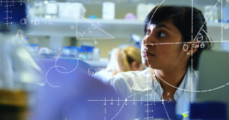 Image of scientific data processing over biracial female scientist. Science, research, computing and...