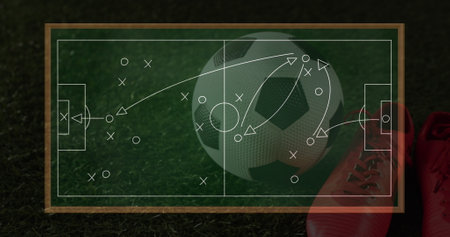 Image of game plan on board over sports shoe and football. Global sport and digital interface concept digitally generated image.の写真素材