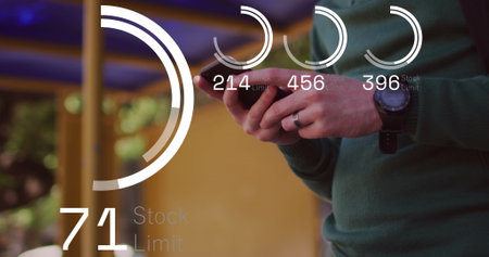 Image of numbers and data processing over african american albino man using smartphone. Global...