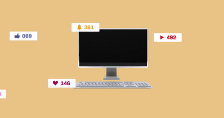 Image of multiple social media networking icons over desktop computer on beige background. Social media networking and business technology conceptの写真素材