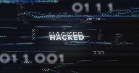 Image of hacked text, circuit board pattern over soundwaves and computer language. Digitally generated, hologram, illustration, exploitation, coding, business and technology concept.の写真素材