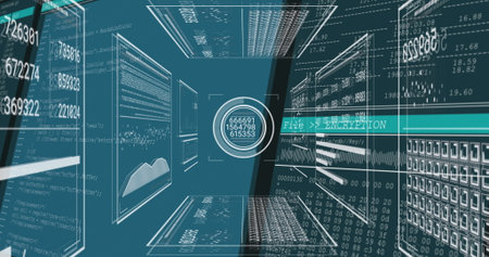 Image of data processing and graphs on black background. Global business and digital interface...