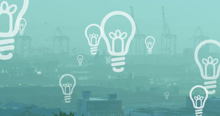 Image of lightbulb icons over building site. Social media and digital interface concept digitally...