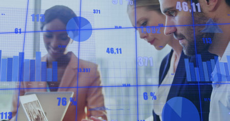 Image of statistical data processing over caucasian man using laptop at office. Business data...
