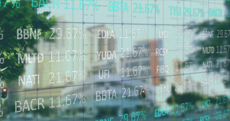 Image of financial data processing over cityscape. Global business, finances, computing and data...