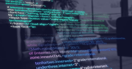 Image of data processing against woman using laptop at office. Computer interface and business technology conceptの写真素材