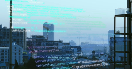 Image of computer language over modern buildings in background. Digital composite, multiple exposure, coding, machine learning, architecture, abstract and technology concept.の写真素材