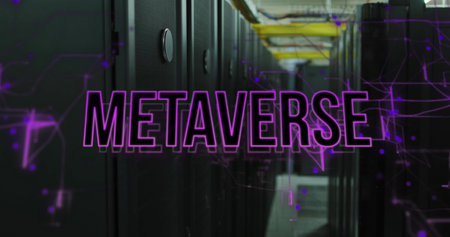 Image of neon metaverse text banner against computer server room. Metaverse and business data storage technology conceptの写真素材