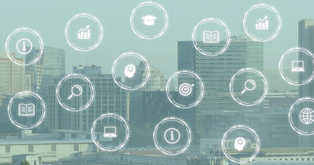Image of multiple digital icons floating against aerial view of cityscape. Global networking and business technology conceptの写真素材