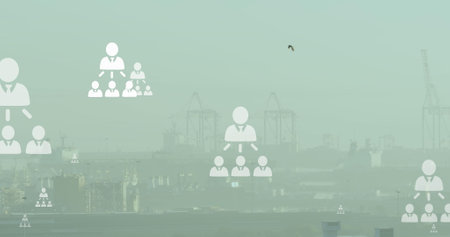Image of network of profile icons floating against aerial view of cityscape. Global networking and...