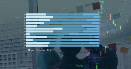 Image of statistical data processing over diverse collogues discussing over memo notes at office. Business data technology conceptの写真素材
