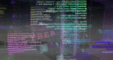 Image of cyber security data processing over computer server room against view of cityscape. Cyber...