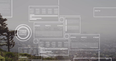 Image of data processing over cityscape. Global business, finances, computing and data processing...