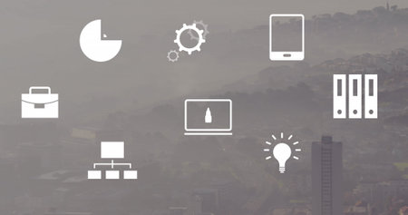 Image of financial icons and data processing over cityscape. Global business, finances, computing and data processing concept digitally generated image.の写真素材