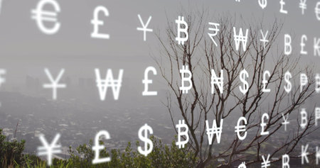 Image of financial icons and currency symbols processing over cityscape. Global business, finances, computing and data processing concept digitally generated image.の写真素材