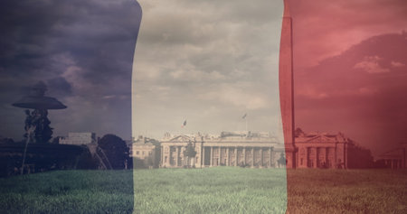 Image of flag of france over place de la concorde. Bastille day, fete nationale francaise, patriotism and celebration concept digitally generated image.の写真素材