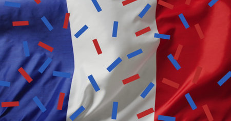 Image of fireworks and confetti over flag of france. Bastille day, fete nationale francaise, patriotism and celebration concept digitally generated image.の写真素材
