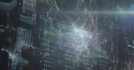 Image of network of connections over interface with data processing against black background. Global networking and business interface technology conceptの写真素材