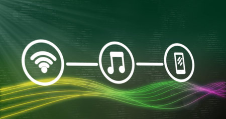 Image of network of digital icons and neon digital icons against light spot on green background....