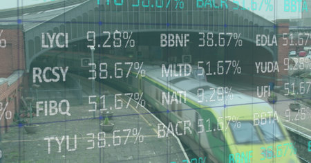 Image of stock market data processing against aerial view of running train on the track. Global...