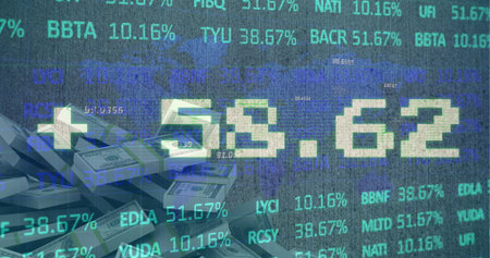 Image of stock market data processing over world map against stack of dollar bills. Global economy...