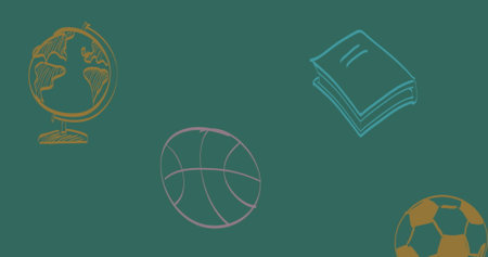 Image of school icons over green background. Education, learning, school and data processing concept digitally generated image.の写真素材