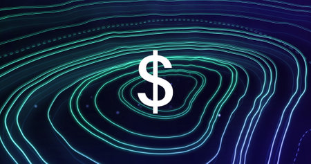 Image of dollar symbol over topography patterns against blue background. Global economy and business technology conceptの写真素材