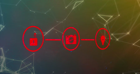 Image of network of digital icons and plexus networks against gradient background. Global networking and business technology conceptの写真素材
