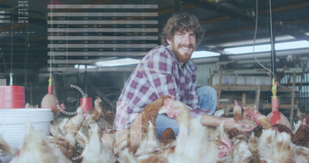 Image of infographic interface over caucasian man feeding hens at poultry farm. Digital composite, multiple exposure, global, progress, report, business, animal, food and livestock concept.の写真素材