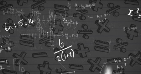 Image of mathematical equations and symbols against white lined paper background. School and education conceptの写真素材