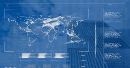 Image of interface with data processing and world map against low angle view of tall building....