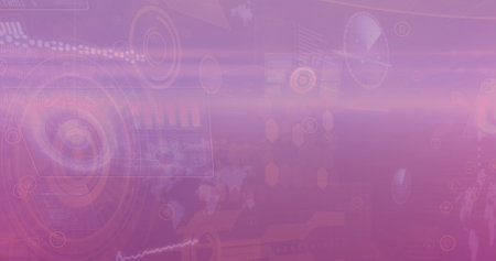 Image of maps, circles, radars, graphs over computer language against abstract background. Digitally...