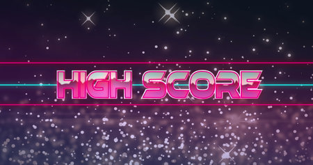 Image of high score text banner over light spots and shining stars against purple background. image game interface technology conceptの写真素材