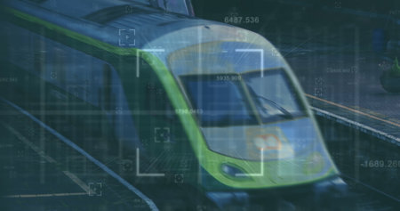 Image of financial data processing over train in train platform. Global business, finances,...