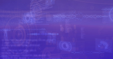 Image of circles, radars, soundwaves, globes over computer language on abstract background. Digitally generated, hologram, illustration, sonar, globalization, coding and technology concept.の写真素材