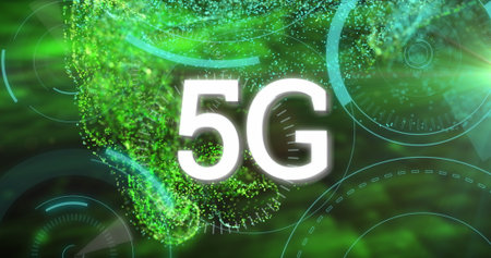 Image of 5g text banner and multiple round scanners over green digital wave and light spots. Global...