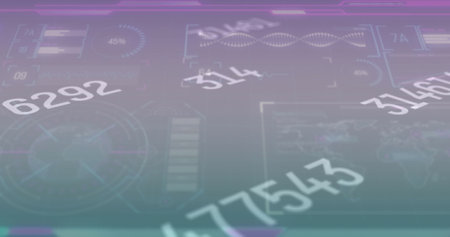 Image of changing numbers over interface with data processing against purple gradient background. Computer interface and business technology conceptの写真素材