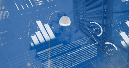 Image of statistical data processing against low angle view of tall building. Business data...