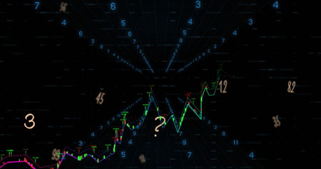 Image of numbers and alphabets floating over financial data processing against black background....